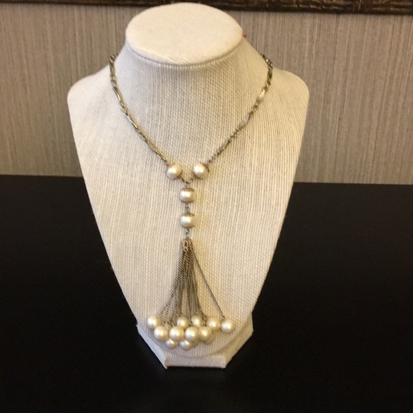 Long gold and pearl tassel necklace